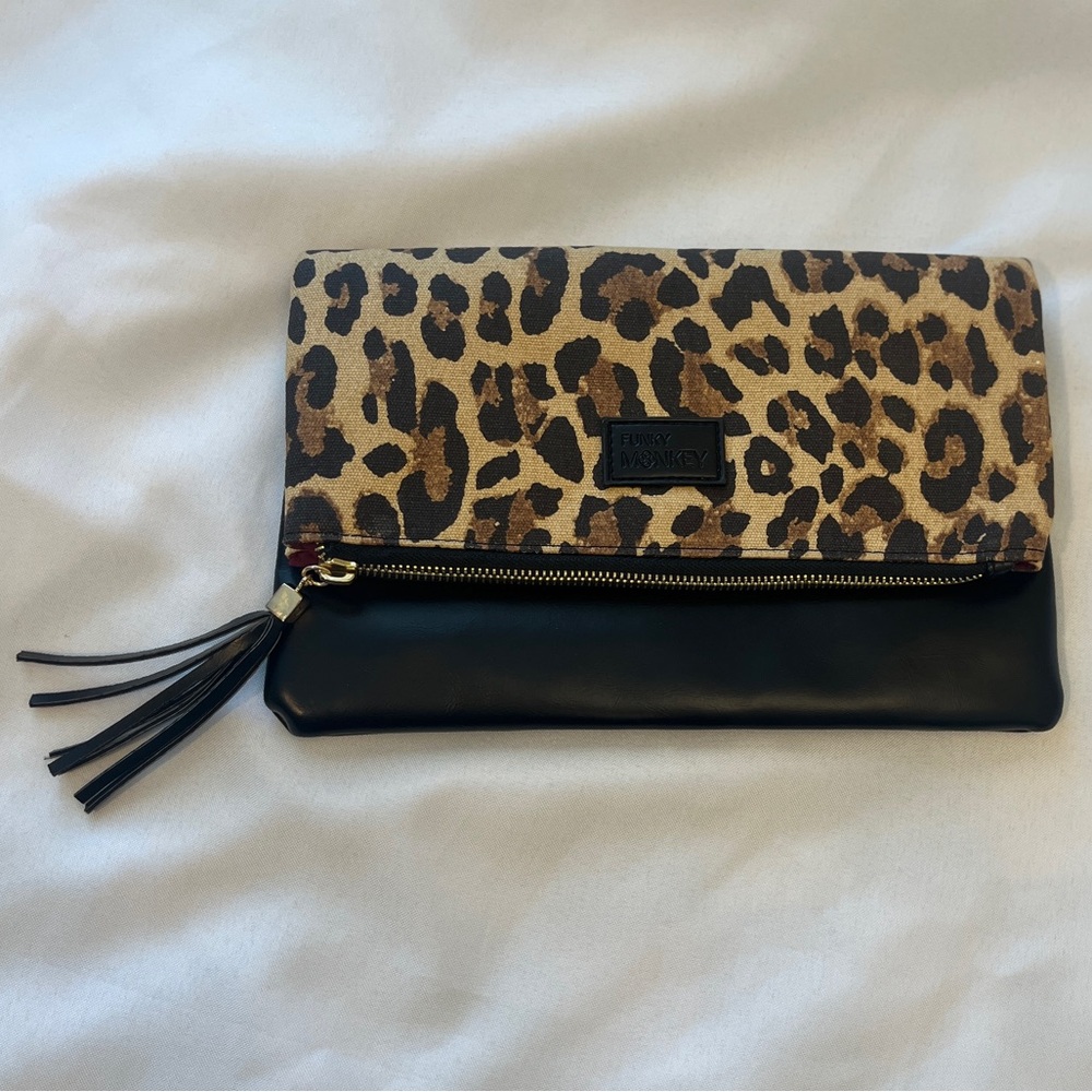 Funky Monkey Fold Over Clutch - Leopard and Black w/ Burgundy Lining